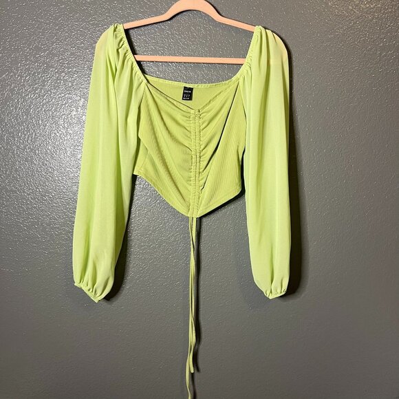 Shein Size M Lime Green Ruched Tie-Front Sheer Sleeve Crop Top - Picture 1 of 3